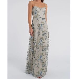Jenny Yoo Sage and Blue Floral Embroidered Gown